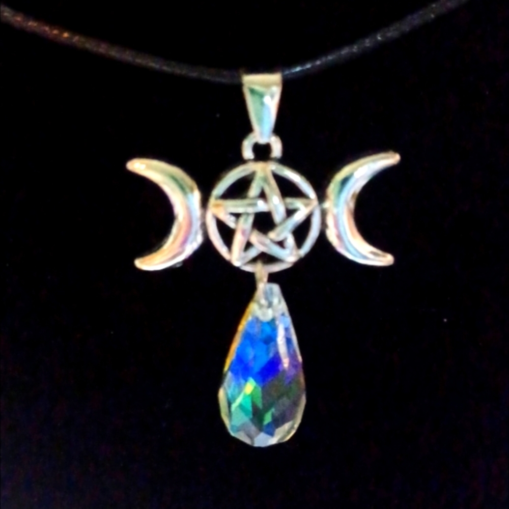 Crescent moon and star crystal pendant necklace handmade jewelry titanium